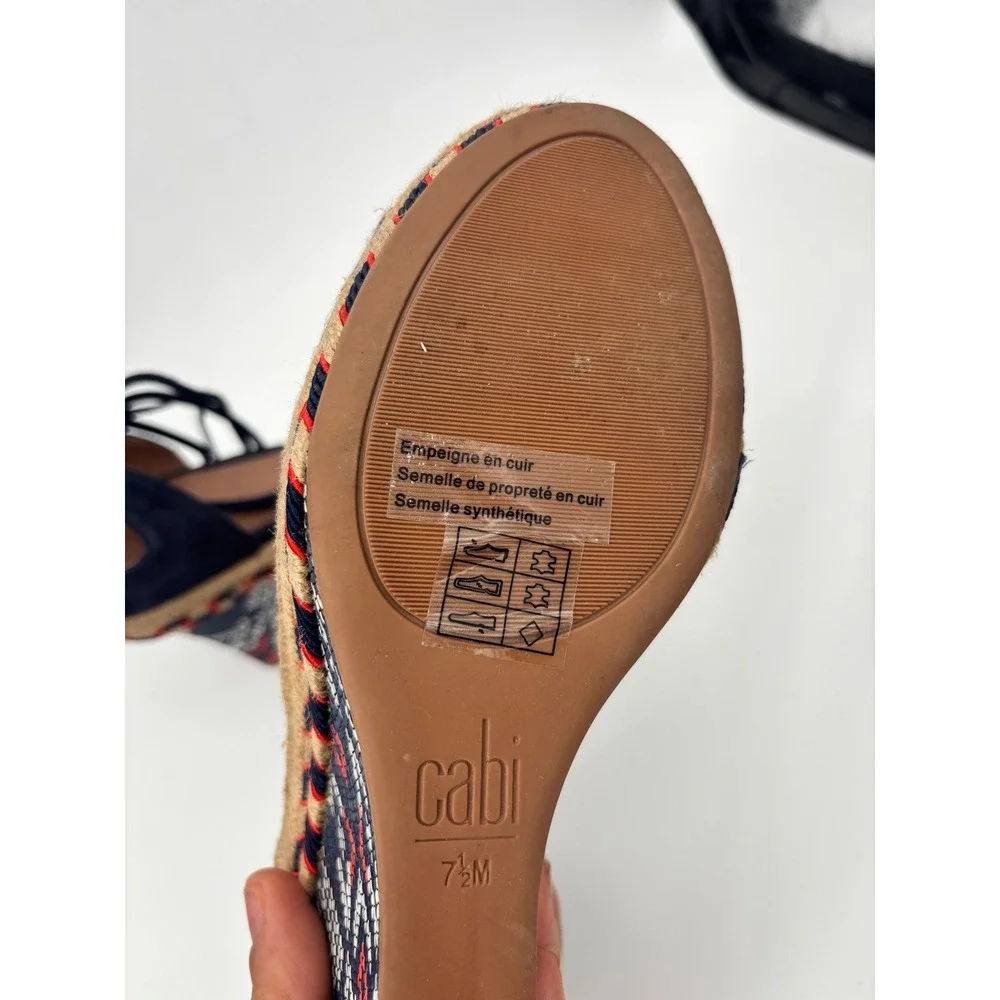 Cabi Espadrille Wedge Sandals Womens 7.5M Navy Blue Suede‎ Lace Up Boho 5310